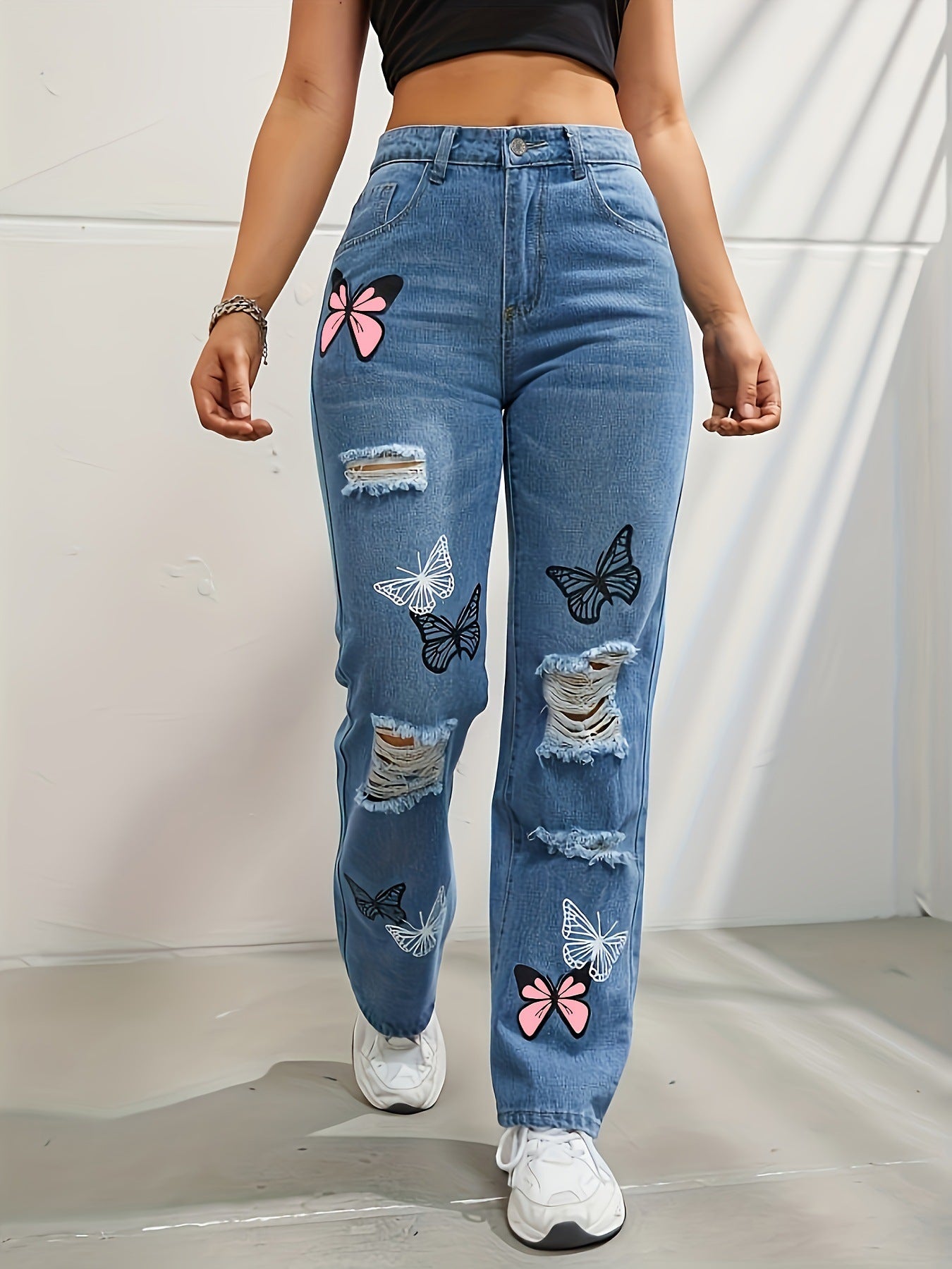 High Waisted Straight Leg Jeans for Women Trendy Butterfly Print Ripped Distressed Denim Pants